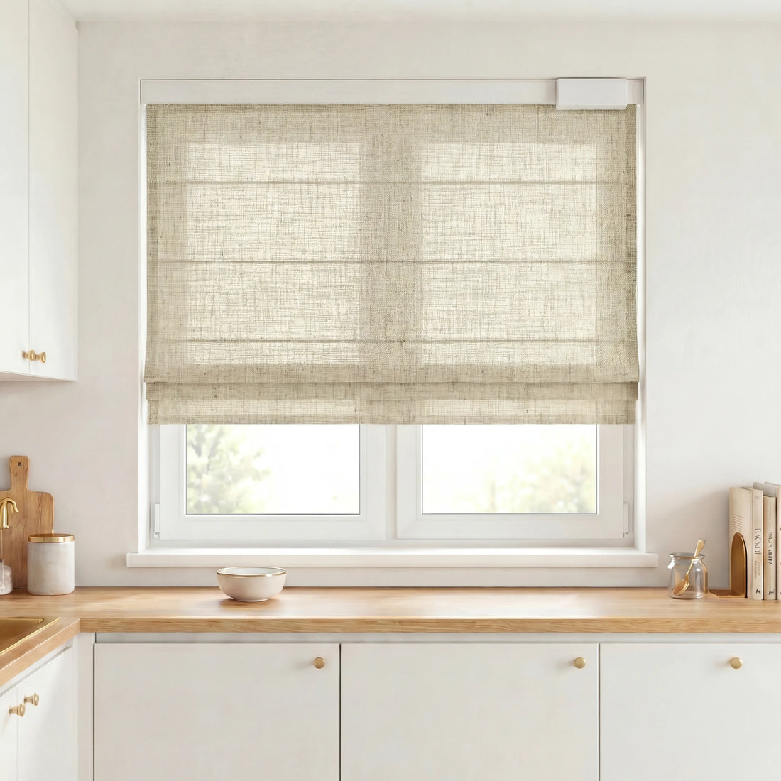 Motorized Custom Light Filtering Linen Roman Shades-OUOIO