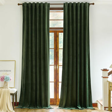 Nem Olive Green Velvet Curtains for Bedroom Window with Back Tab, Super Soft Vintage Luxury Heavy Drapes, Thermal Insulated Room Darkening Curtain for Living Room, 52" W x 84" L, 2 Panels