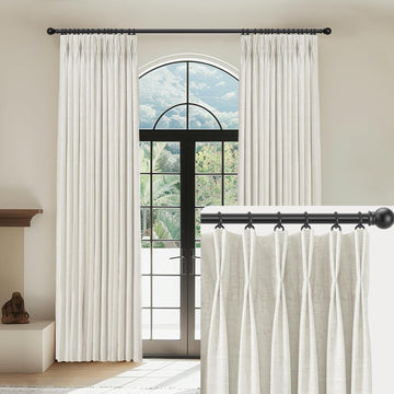 Beige White Linen Pinch Pleated Curtains Blackout 100% Black Out Curtains 96 Inches Long 2 Panels Pinch Pleat Curtains with Hooks, Thermal Insulated Blackout Curtains for Bedroom, 40Wx96L