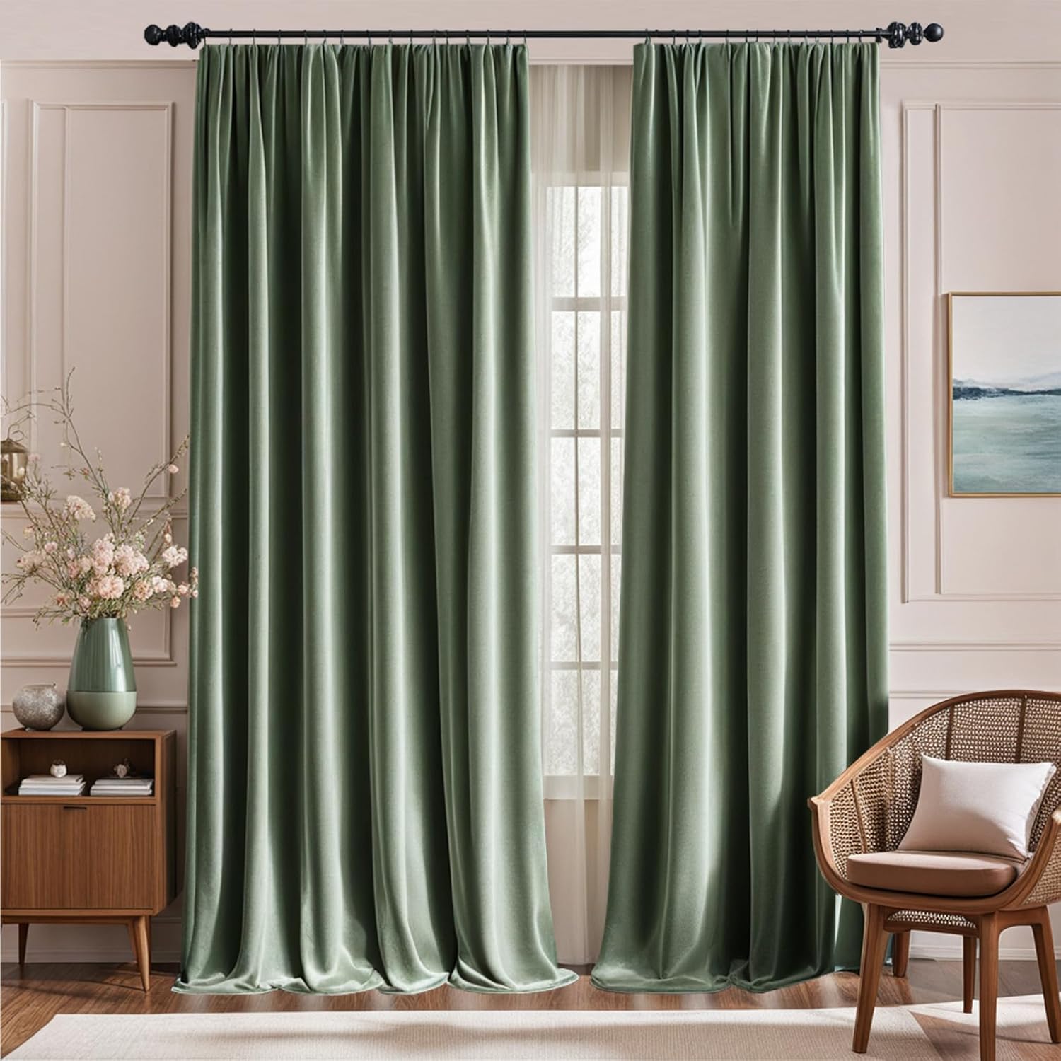 Lazzzy Blackout Velvet Curtains Green 84 inch Thermal Insulated Drapes for Dinning Room Darkening Window Treatment Rod Pocket Home Decor Living Room Set of 2 Panels Olive Sage