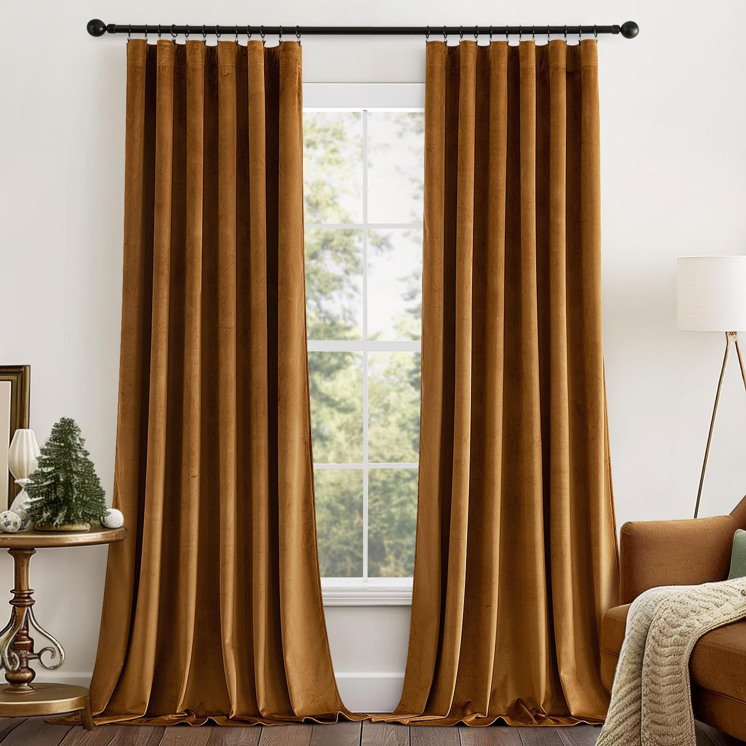 OUOIO Gold Brown Velvet Curtains 84 inches Long 2 Panels - Luxury Pinch Pleated Room Darkening Blackout Window Drapes for Bedroom Living Room Thermal Insulated Super Soft, Back Tab Rod Pocket