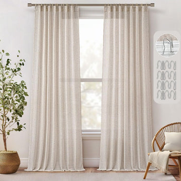 OUOIO 96 Inches Long Natural Linen Curtains 2 Panels, Pinch Pleated Hooks Thick Linen Textured Window Drapes for Bedroom Living Room Back Tab Semi Sheer Light Filtering Neutral Farmhouse Cream Ivory