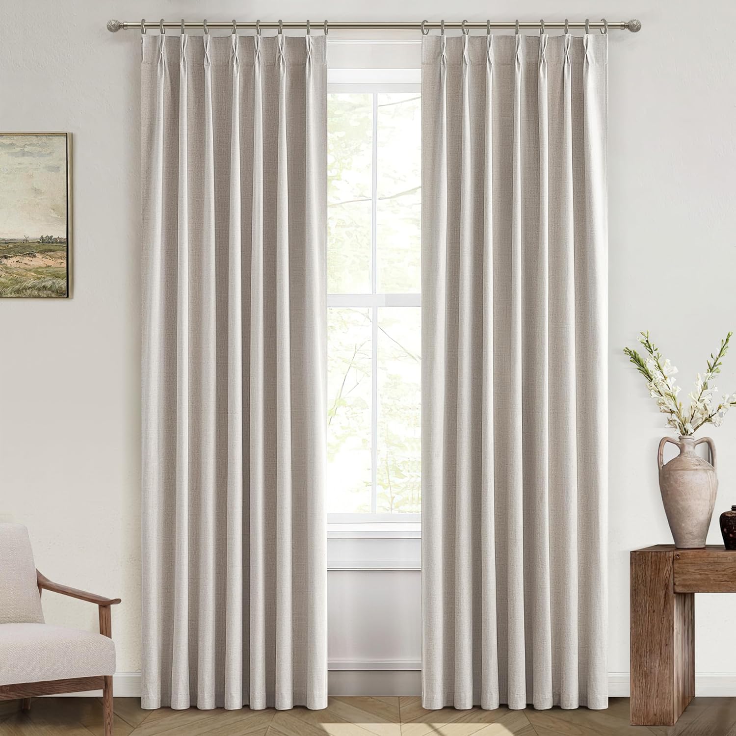 Natu Linen Pinch Pleated Blackout Curtains & Drapes 96 Inch Long Bedroom/Livingroom Farmhouse Curtains 2 Panel Sets, Neutral Track Room Darkening Thermal Insulated 8ft Back Tab Window Curtain