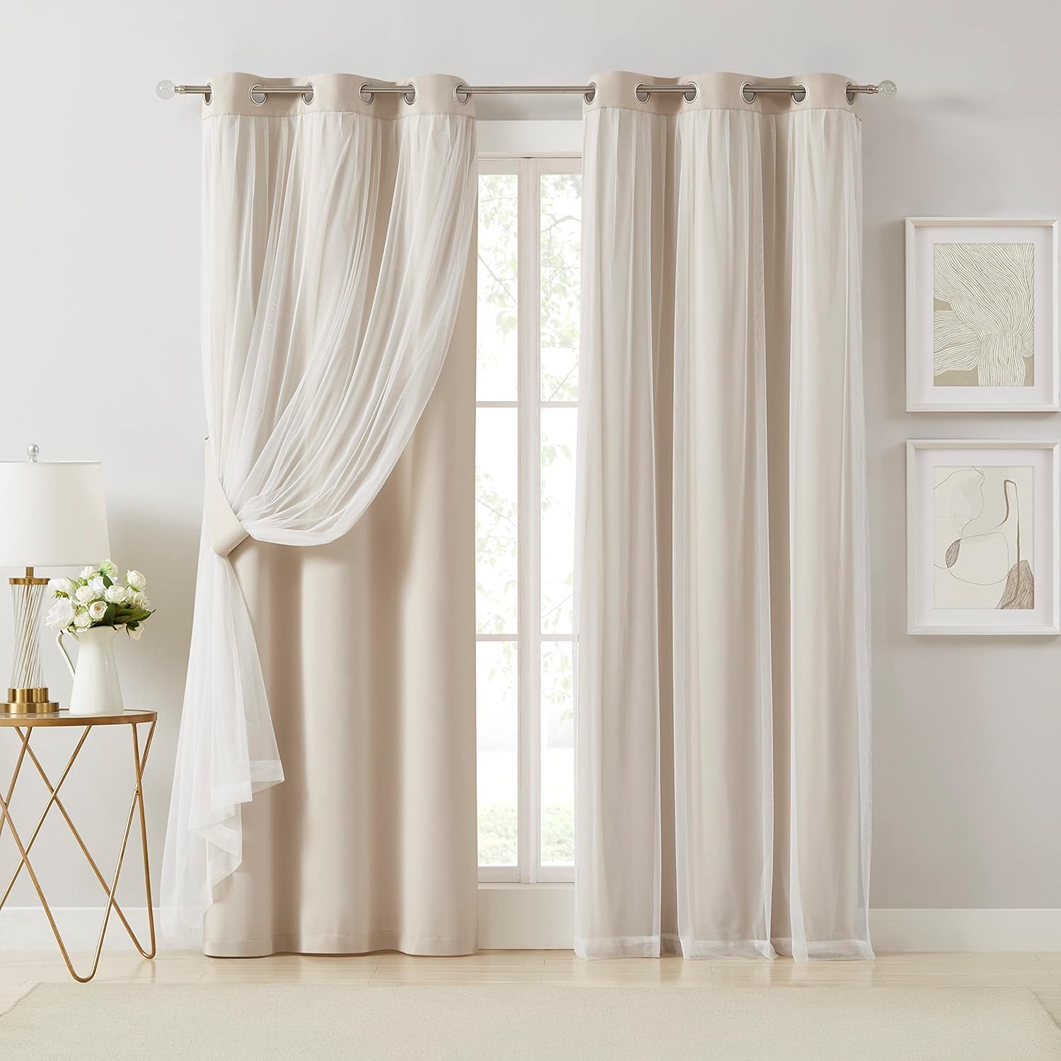 Bujasso Beige 90% Blackout Curtains with Sheer Overlay Mix and Match Double Layer Thermal Insulated Window Panels 84 inch for Living Room Bedroom Beige Drapes with Tiebacks Grommet Top 37" Wx84 Lx2