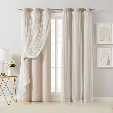 Bujasso Beige 90% Blackout Curtains with Sheer Overlay Mix and Match Double Layer Thermal Insulated Window Panels 84 inch for Living Room Bedroom Beige Drapes with Tiebacks Grommet Top 37" Wx84 Lx2