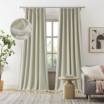 Ouoio Pinch Pleated Curtains 102 Inch Length for Bedroom Living Room, Linen Boho 100% Blackout Thermal Back Tab Pinch Pleat Viral Drapes with Hooks 2 Panels-Natural Linen, W40xL102