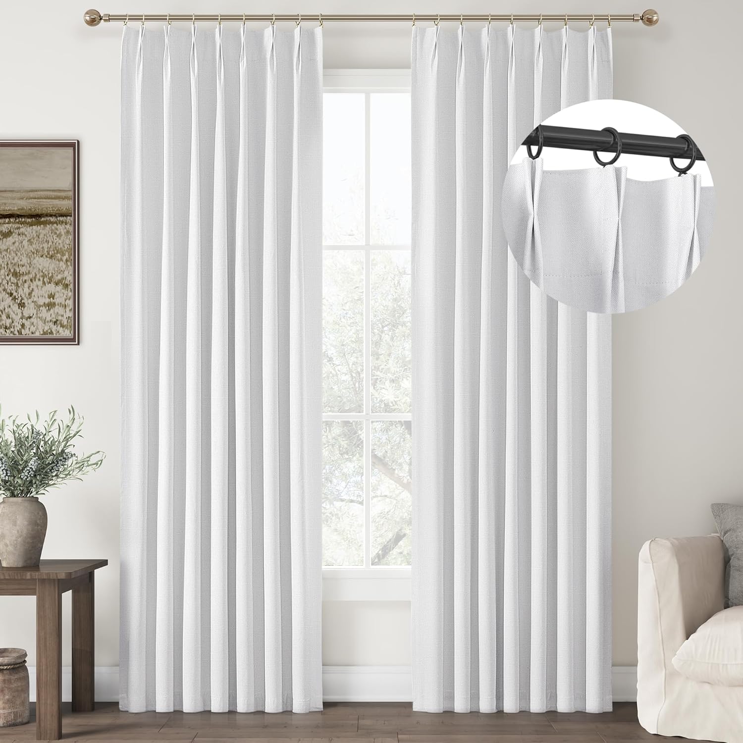 Chrisouo White Linen Blackout Curtains 84 Inch Length for Bedroom White Pinch Pleated Curtains Thermal Insulated Room Darkening Pinch Pleat Back Tab Drapes with Hooks Rings 2 Panels Set 40" Wx84 L