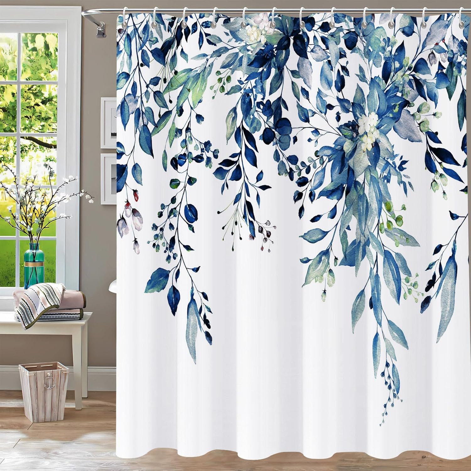 Shower Curtain Blue Eucalyptus Shower Curtains for Bathroom, Watercolor Leaf Shower Curtain Sets Waterproof Plant Shower Curtain Leaves Fabric Cloth Bathroom Curtains 72x72 inch with Hooks