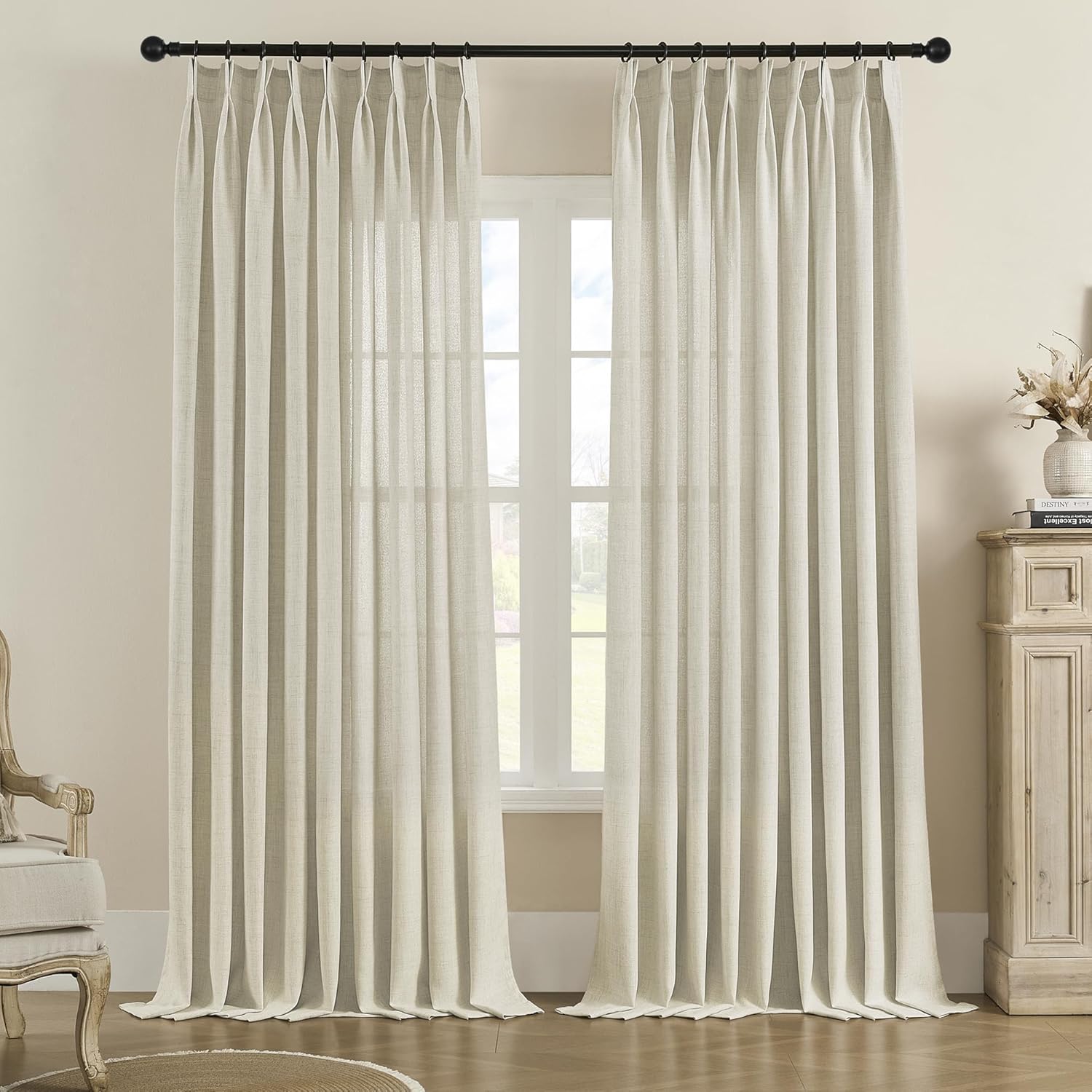 OUOIO Linen Pinch Pleated Semi Sheer Curtains 52W x 90L Inches, Linen Light Filtering Window Curtains for Living Room Bedroom, Pinch Pleat Drapes Easy Hanging Via Hooks (Linen, 1 Panel)