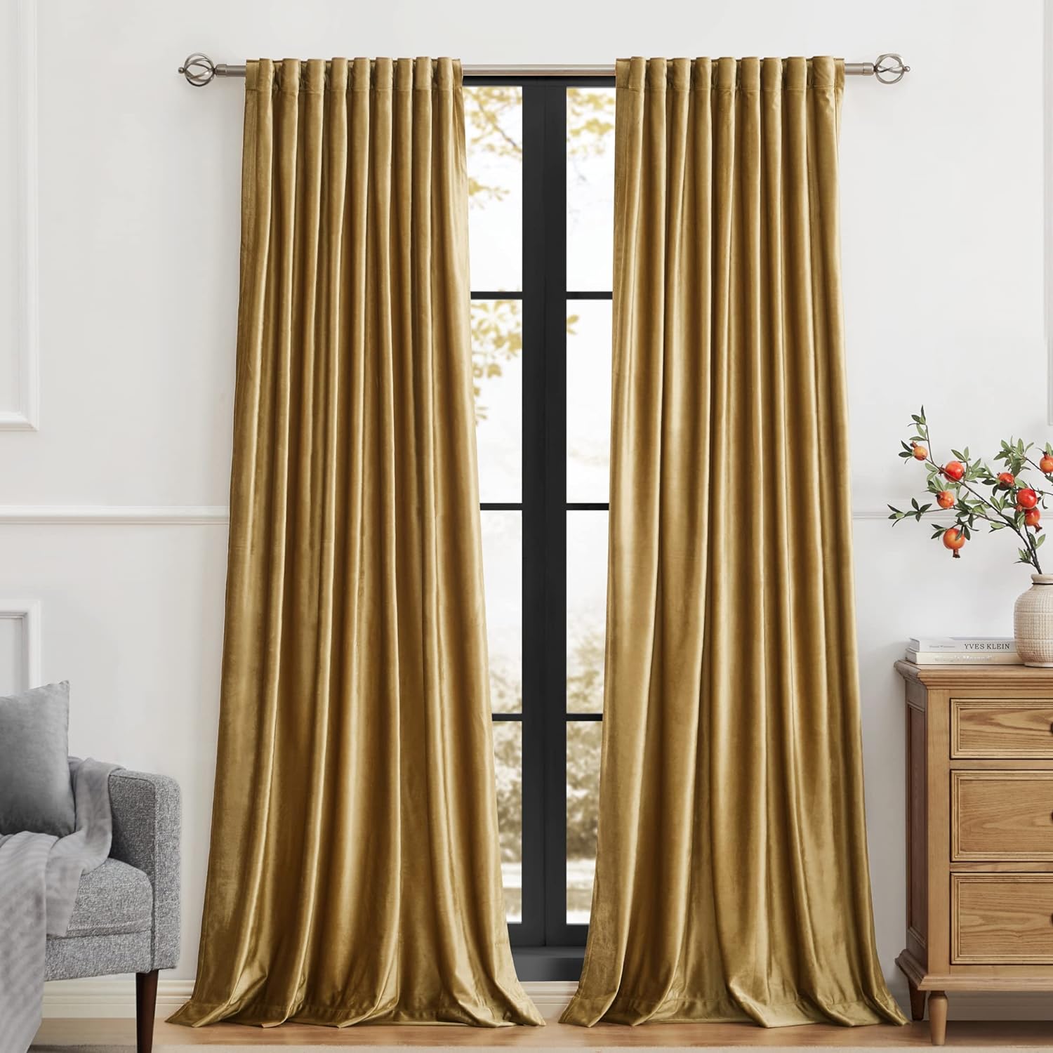 OUOIO Golden Velvet Curtains 96 inch Long for Living Room,Set of 2 Panels Blackout Rod Pocket Back Tab Window Treatment Room Darkening Heavy Decorative Curtains Drapes for Bedroom