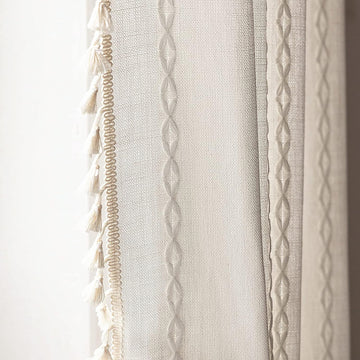 Deeprove White Boho Curtains 84 Inches Long for Bedroom Living Room, Cream Chic Linen Cotton Embroidered Semi Blackout Bohemian Farmhouse Window Treatment Drape Vintage Tassels, 1 Panel W52 x L84