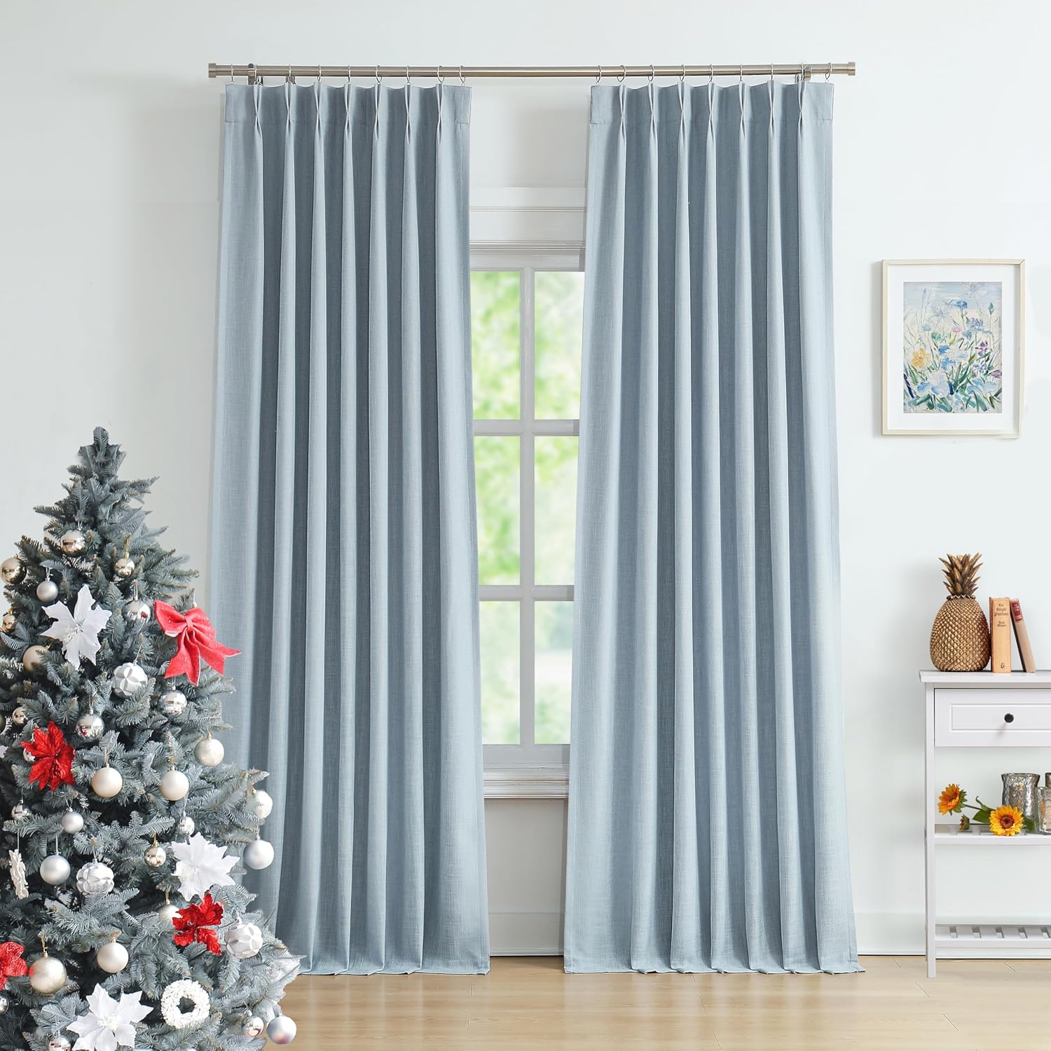 OUOIO 95 Inches Length Dusty Blue Bailey Pinch Pleated Full Blackout Curtain Panels with 100 Light Blocking Liners,Linen Textured Drape for Bedroom Living Room,Backtab Window Treatment,40"Wx95"Lx2