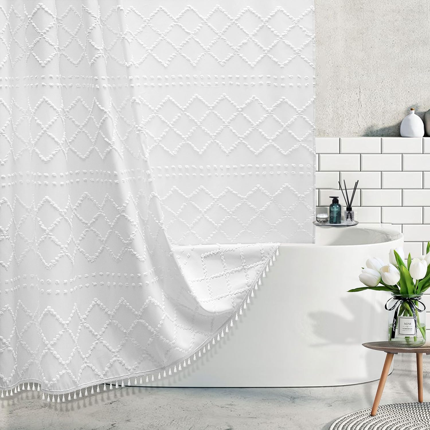 Boho White Woven Fabric Shower Curtain with Tassel 72 x 72 Modern Farmhouse Minimalist, Tufted Chevron Striped Shabby Chic Textured, Water Resistant Cloth Curtain for Bathroom, Hotel Decor