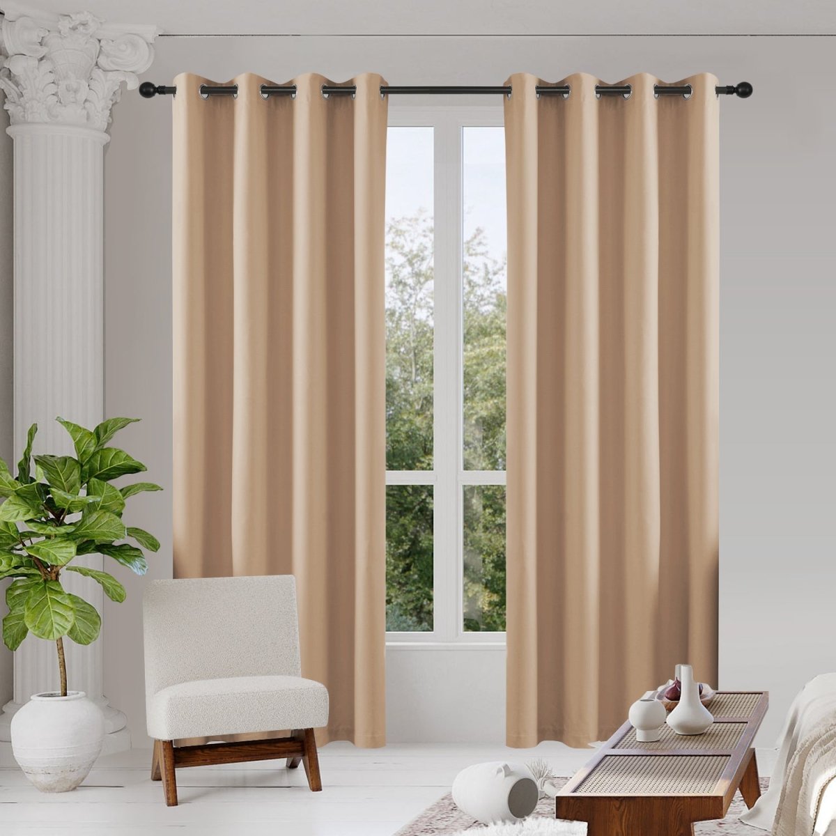 OUOIO 100% Blackout Curtains Beige Curtains 2 Panels Set featuring thermal insulated long curtains