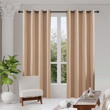 OUOIO 100% Blackout Curtains Beige Curtains 2 Panels Set featuring thermal insulated long curtains