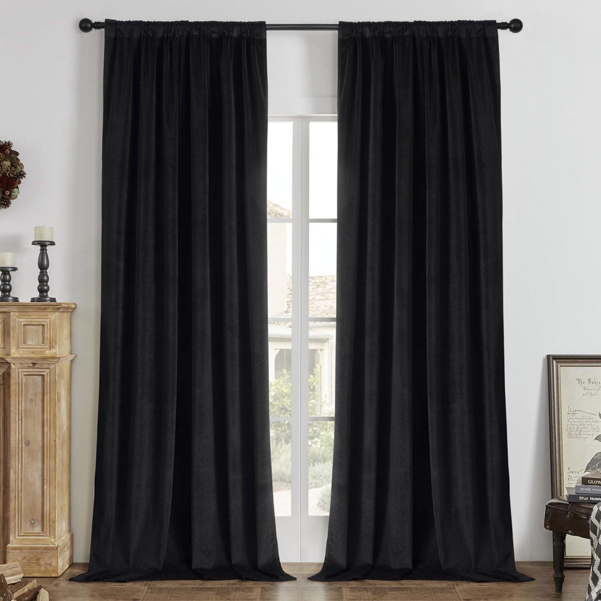 OUOIO Black Velvet Blackout Thermal Insulated Curtains - 2 Panels