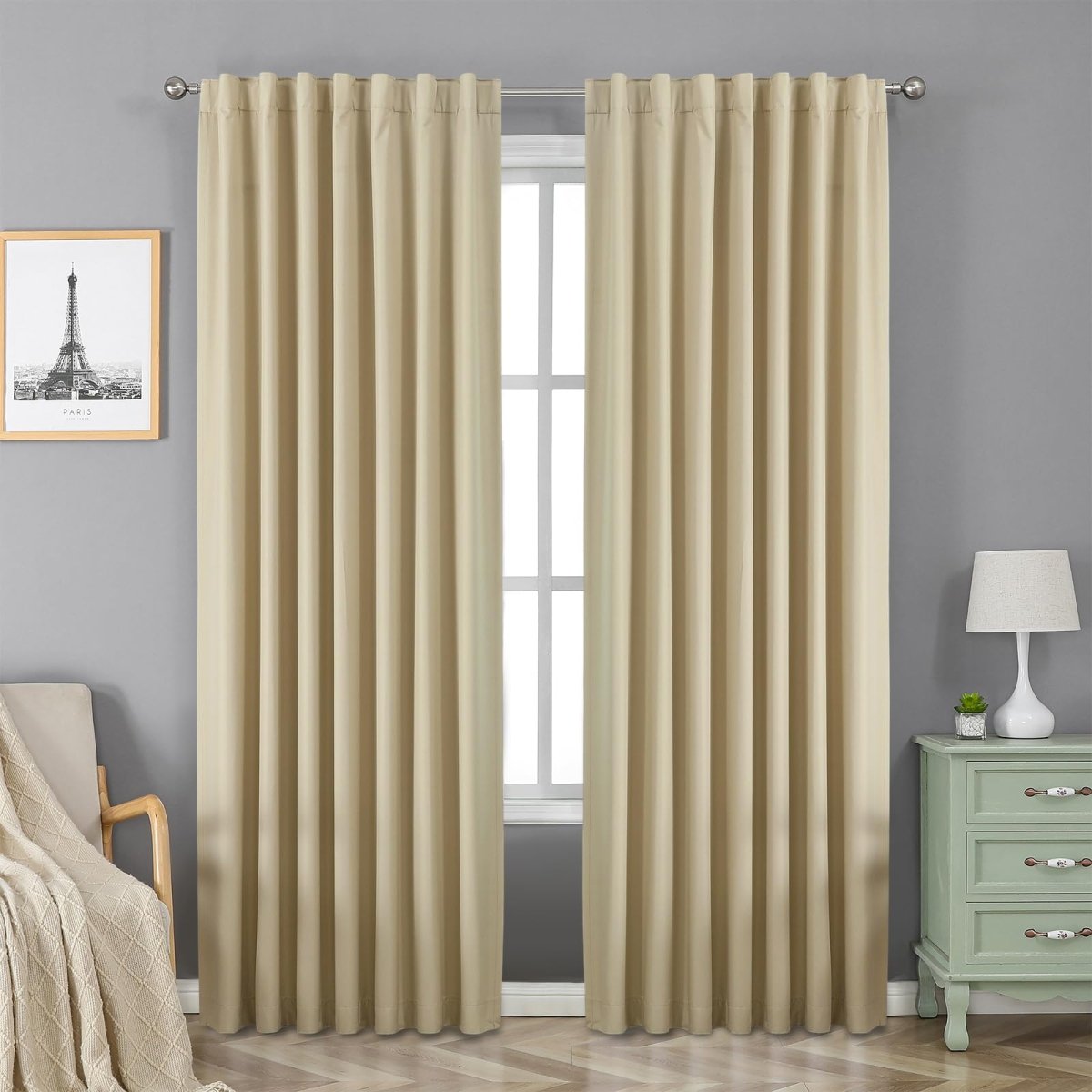 OUOIO 100% Blackout Curtains Beige Long Curtains