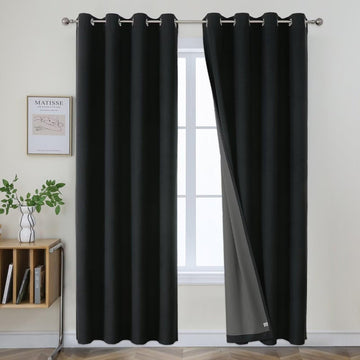 OUOIO 100% Blackout Curtains Black Long Linen Curtains 2 Panels Room Darkening Textured Curtains