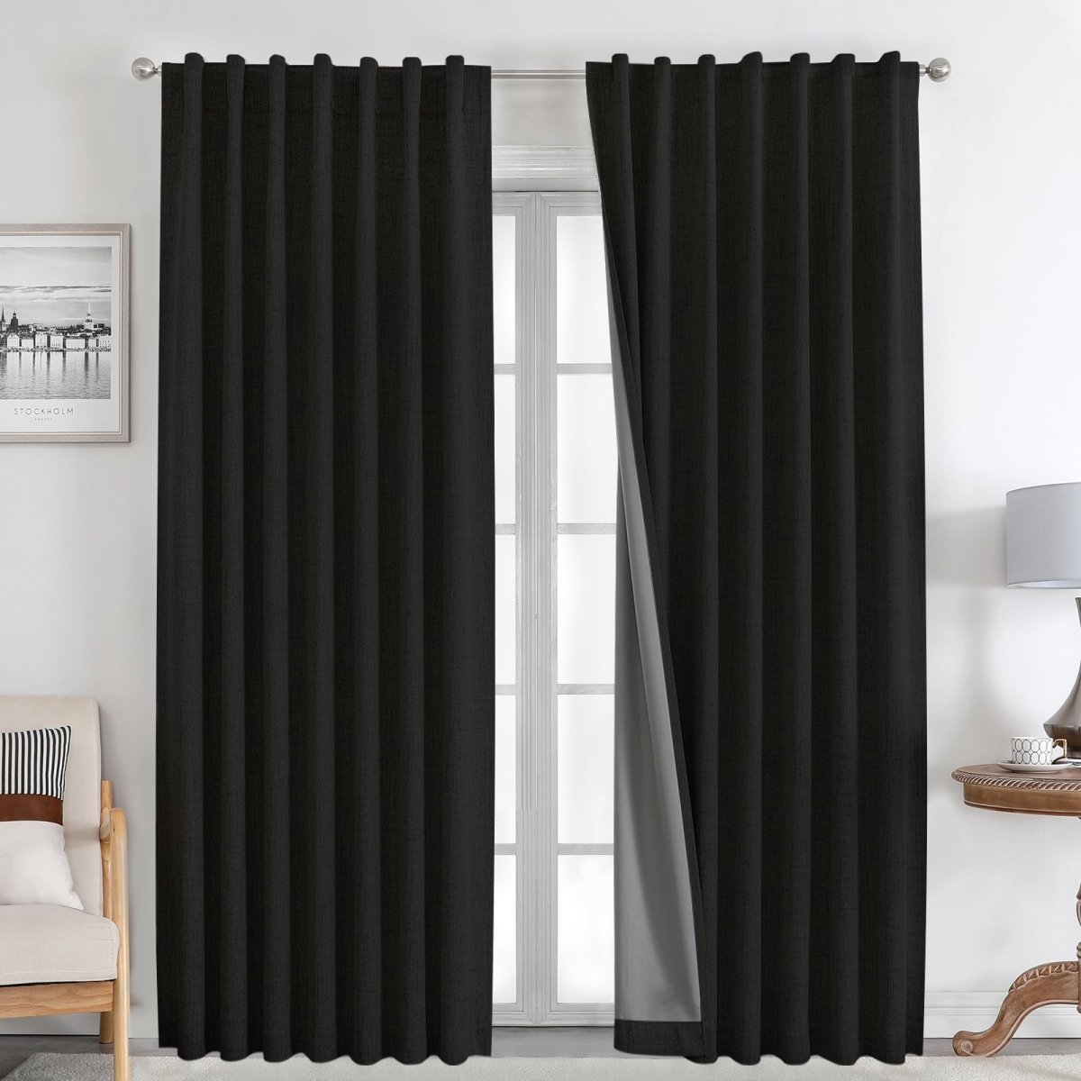 OUOIO 100% Blackout Curtains Black Long Natural Linen Drapes 2 Panels Set for Bedroom Living Room