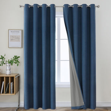 OUOIO 100% Blackout Curtains Denim Blue Long Curtains 2 Panels Set Linen Blackout Curtains Room Darkening Textured Curtains