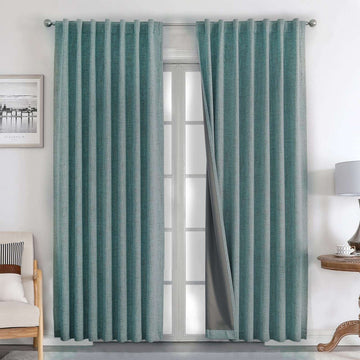 OUOIO 100% Blackout Hunter Green Linen Curtains Long Natural Linen Drapes for Living Room