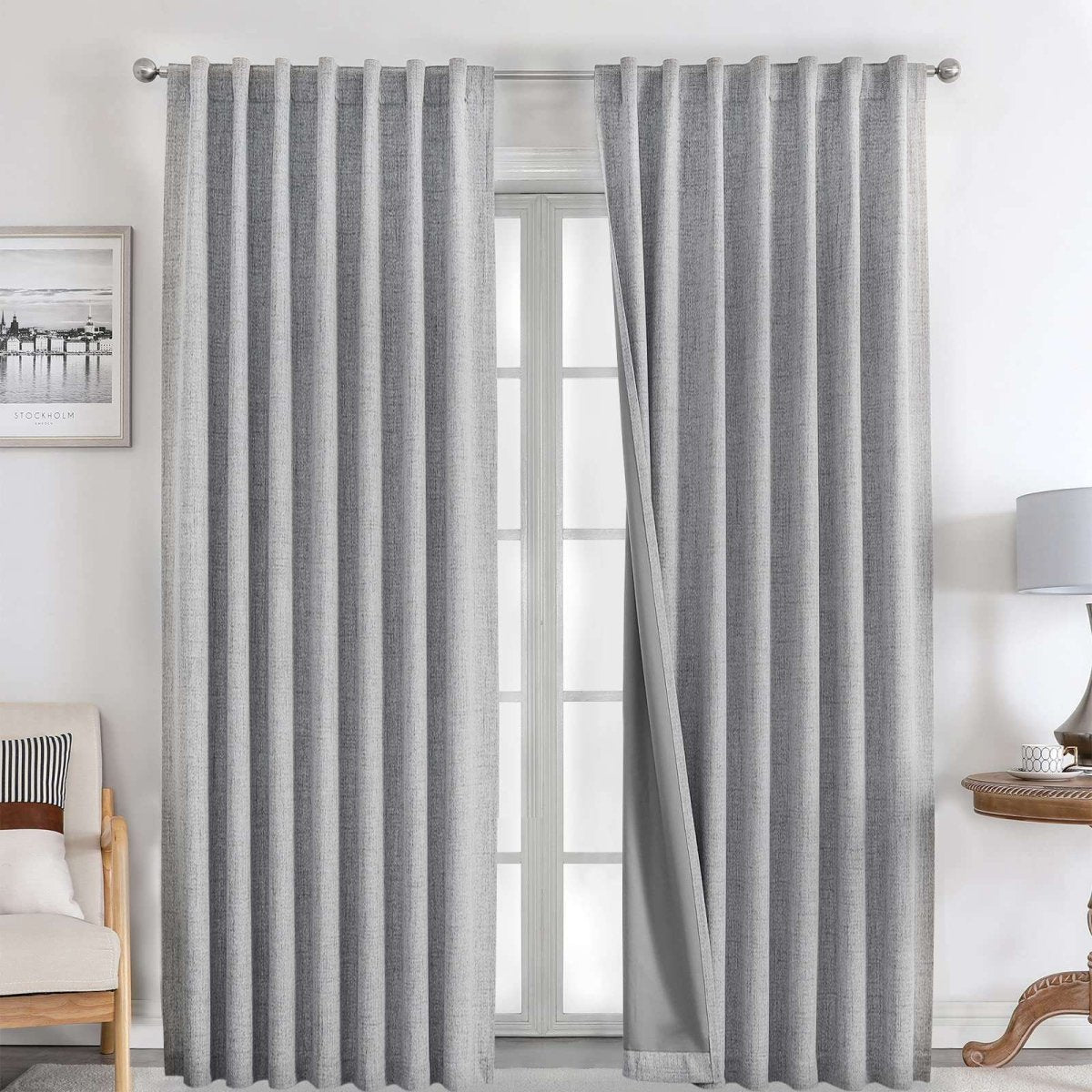 OUOIO 100% Blackout Light Grey Linen Curtains for Living Room Bedroom