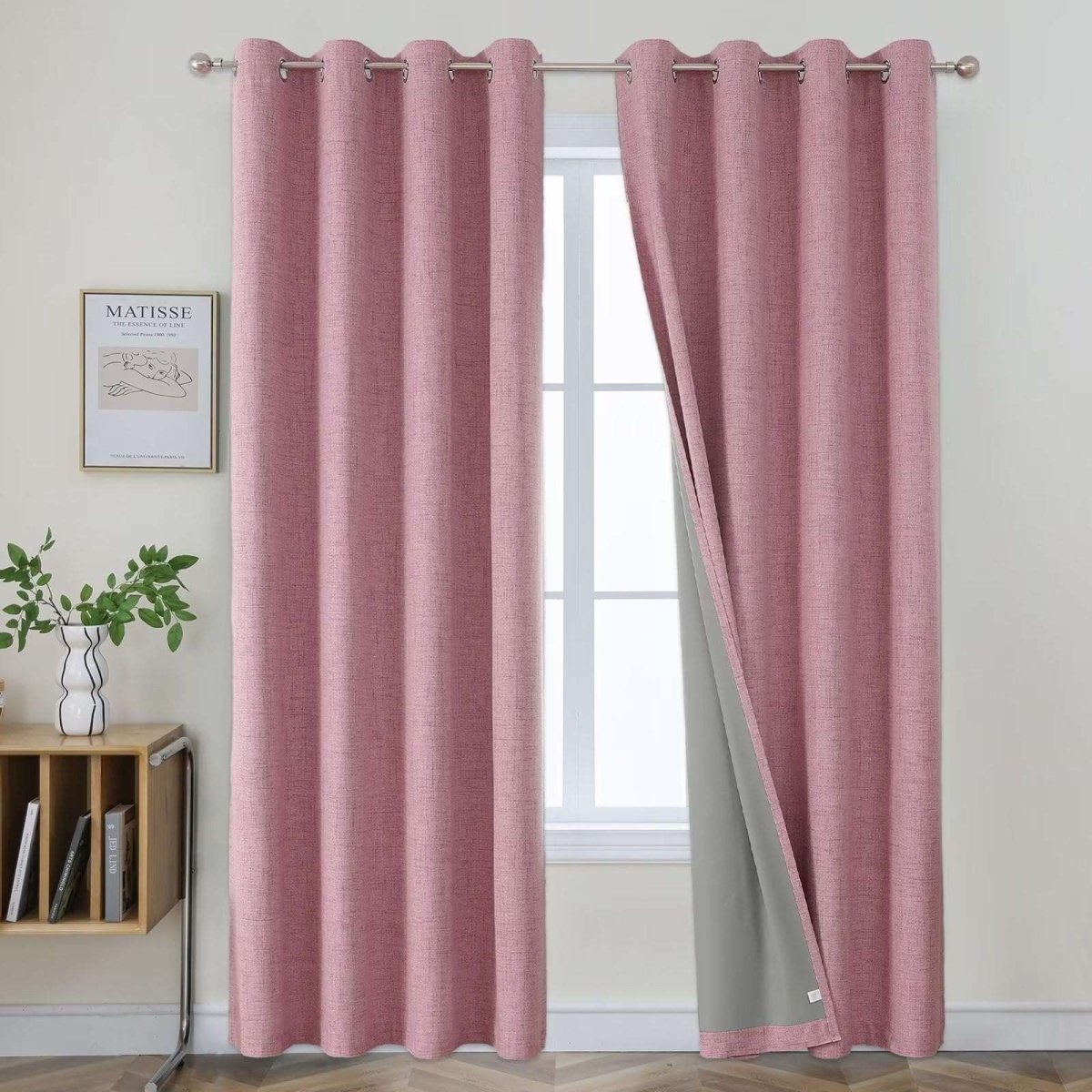 OUOIO 100% Blackout Curtains Pink Long Curtains 2 Panels Set Linen Blackout Curtains Room Darkening Textured Curtains