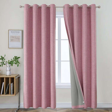 OUOIO 100% Blackout Curtains Pink Long Curtains 2 Panels Set Linen Blackout Curtains Room Darkening Textured Curtains