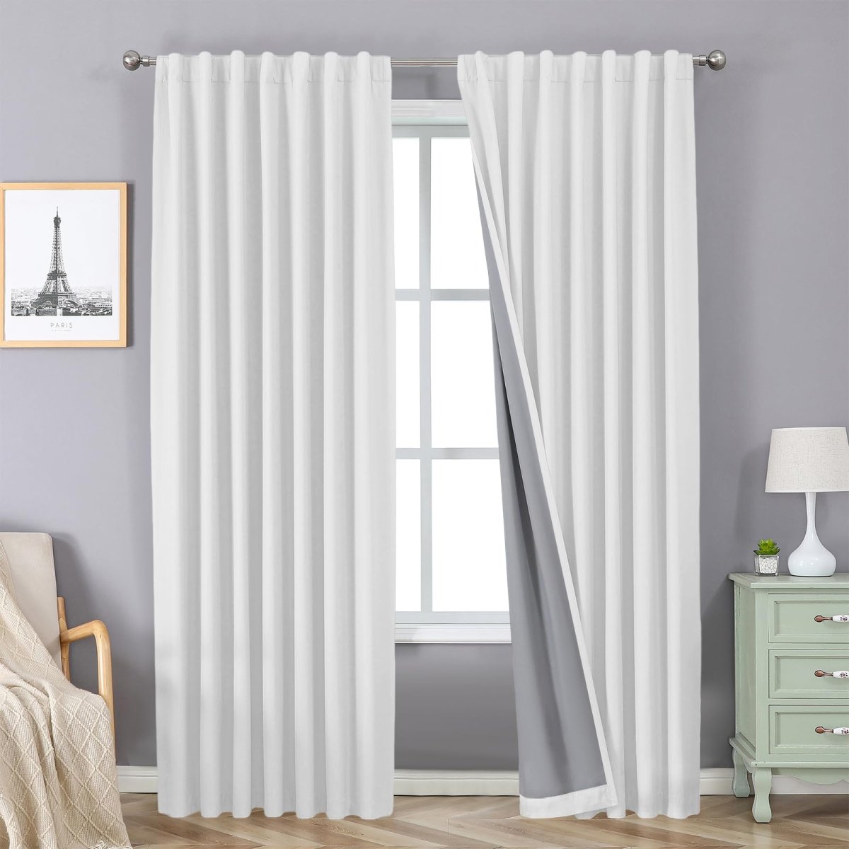 OUOIO 100% Blackout Curtains White Long Curtains for Bedroom Living Room - 2 Panels Set Room Darkening Black Out Curtains