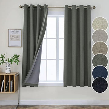 OUOIO 100% Blackout Linen Curtains Thermal Insulated Burlap Curtain & Drapes