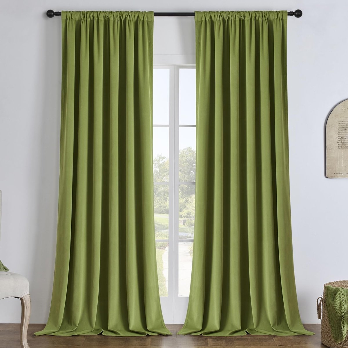 OUOIO Olive Green Velvet Blackout Thermal Insulated Curtains - 2 Panels