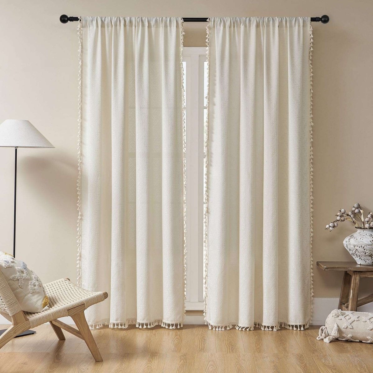 OUOIO Beige Boho Curtains Living Room Curtains Country Rustic Linen Sheer Curtains