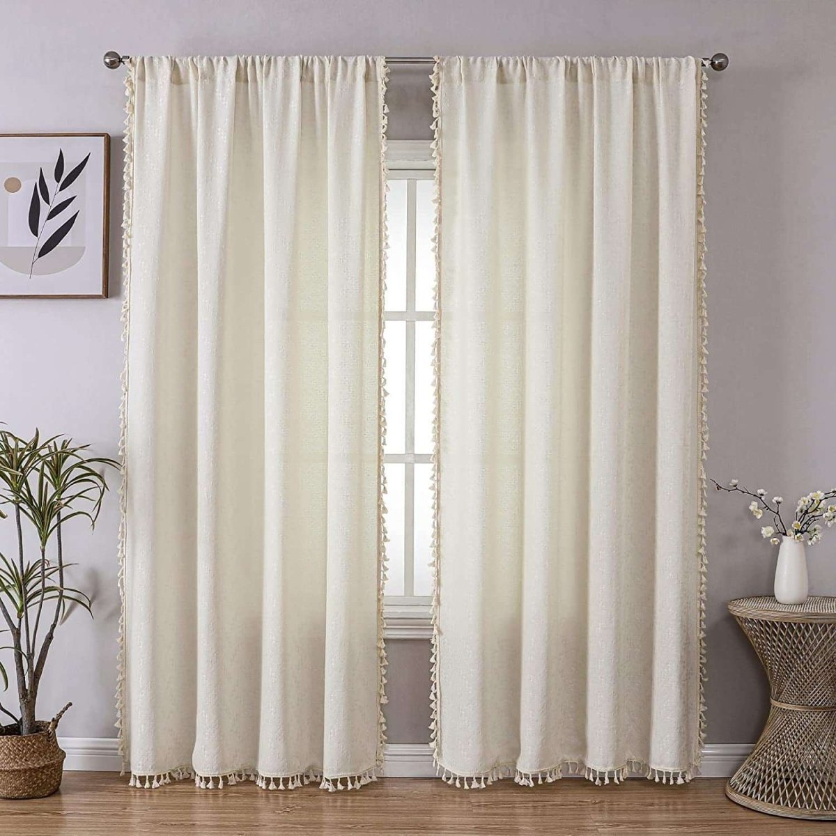 OUOIO Beige Boho Linen Curtains with Tassels & Embroidery