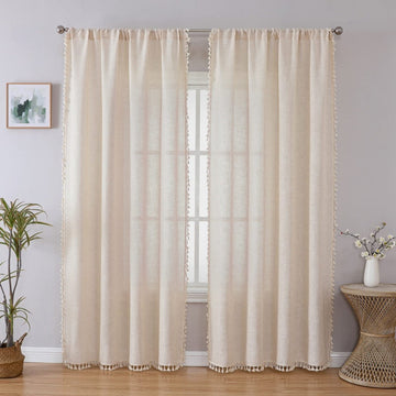 OUOIO Boho Blue Linen Curtains - 2 Panel, Light Filtering, Farmhouse Style, Country Rustic Charm