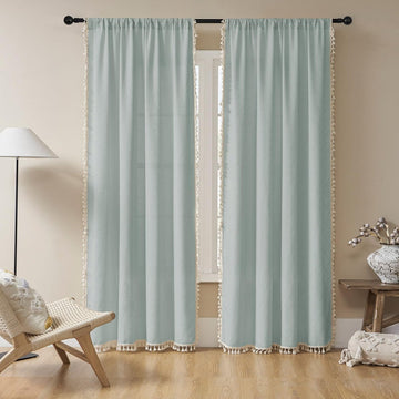 OUOIO Boho Ice Blue Linen Sheer Curtains - 2 Panel, Light Filtering, Farmhouse Style, Country Rustic Charm