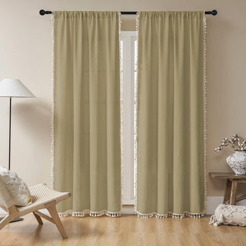 OUOIO Boho Khaki Linen Sheer Curtains - 2 Panel, Light Filtering, Farmhouse Style, Country Rustic Charm