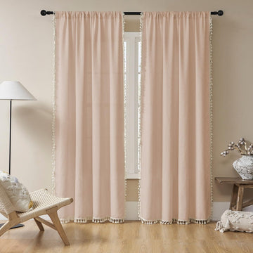 OUOIO Boho Pink Linen Sheer Curtains - 2 Panel, Light Filtering, Farmhouse Style, Country Rustic Charm