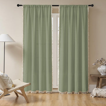 OUOIO Boho Sage Green Linen Sheer Curtains - 2 Panel, Light Filtering, Farmhouse Style, Country Rustic Charm