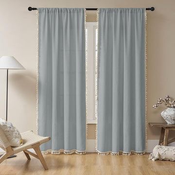 OUOIO Boho Stone Blue Linen Sheer Curtains - 2 Panels, Light Filtering, Farmhouse Style, Country Rustic Charm