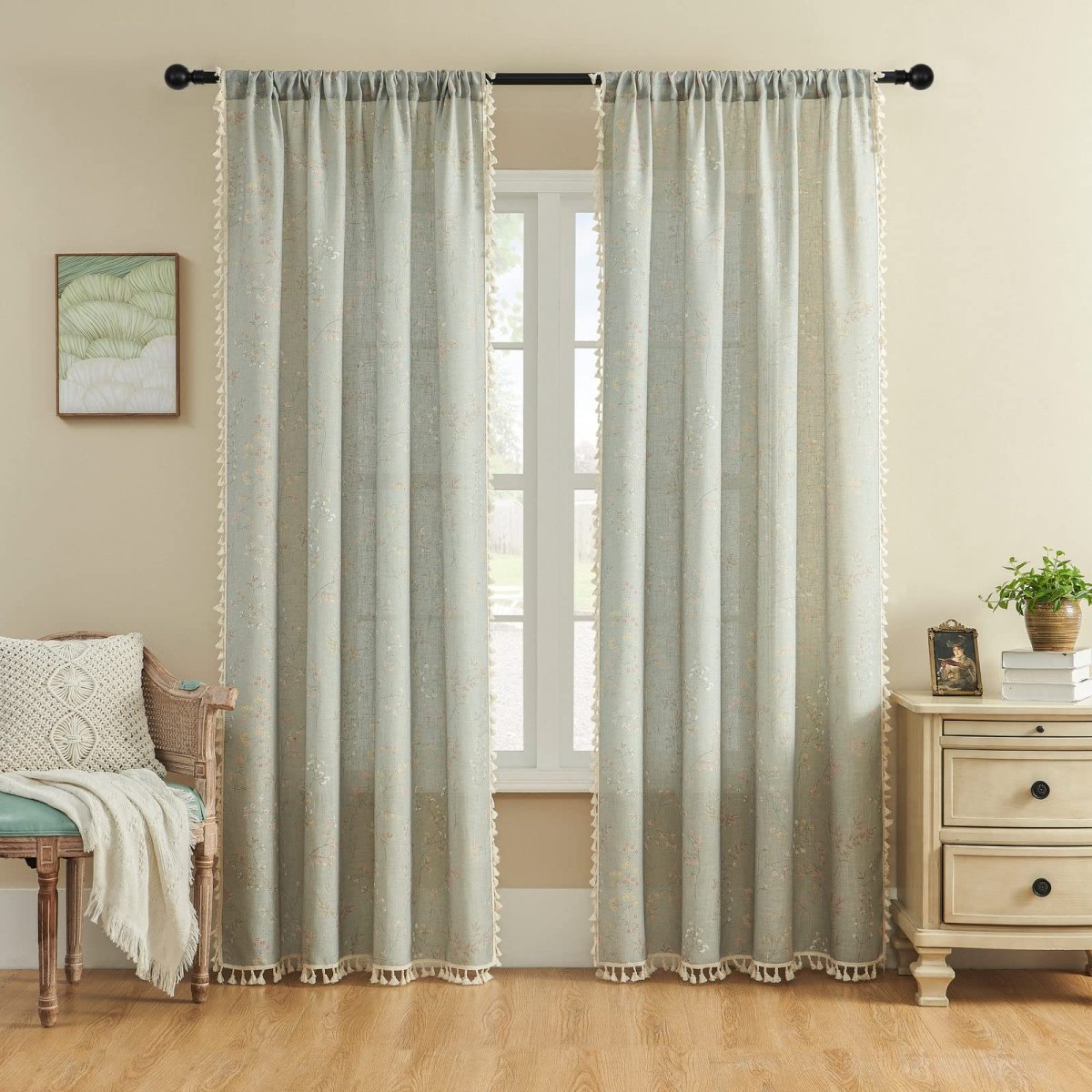 OUOIO Floral Patterned Beige Linen Sheer Curtains with Tassel Trim and Embroidery - 2 Panels