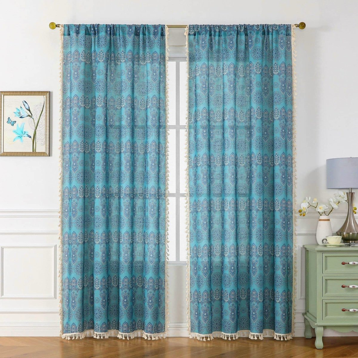 OUOIO Floral Patterned Bohemian Blue Curtains with Tassel Trim - 2 Panels