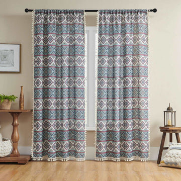 OUOIO Geometric Patterned Linen Sheer Curtains with Tassel Trim and Embroidery - 2 Panels