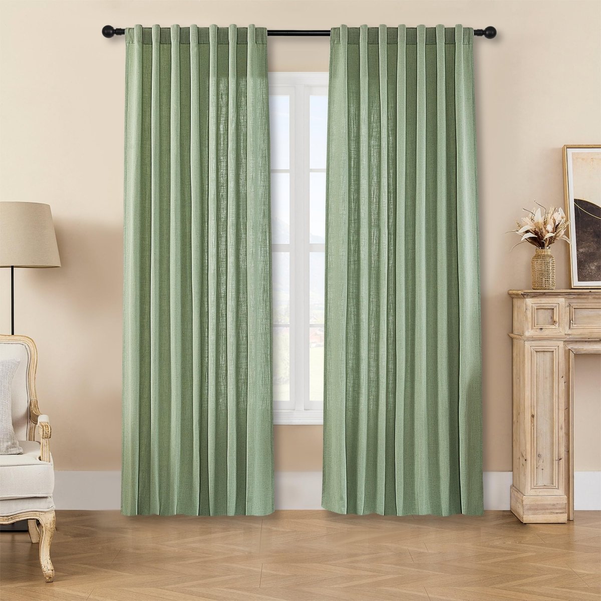 Ouoio Sage Green Linen Sheer Curtains 2 Panels Set Curtains for Living Room Light Filtering Curtains Living Room Curtains