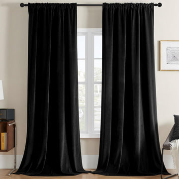 Ouoio Velvet Soft Black Blackout Luxury Thermal Insulated Curtains - 2 Panels