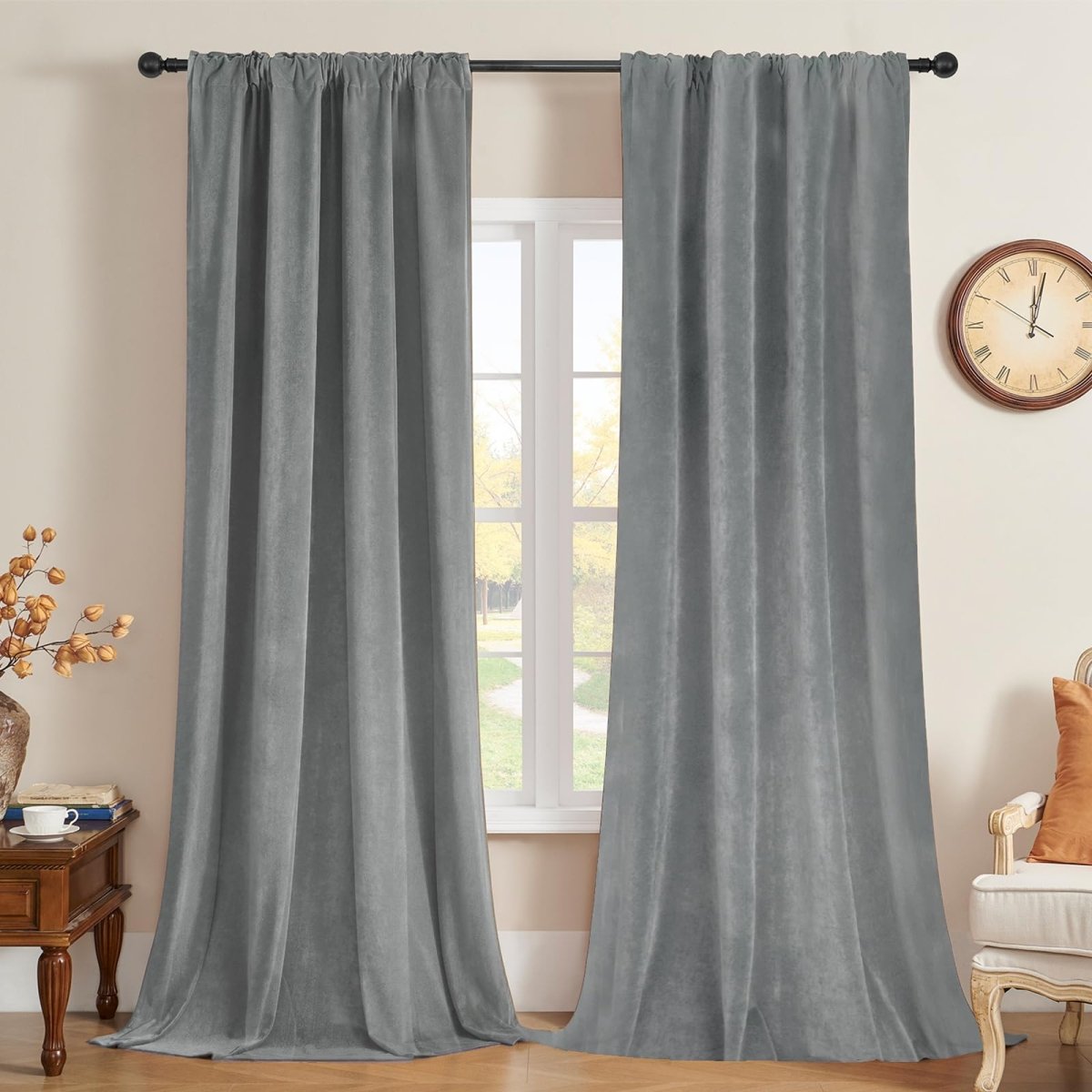 OUOIO Velvet Soft Grey Blackout Luxury Thermal Insulated Curtains - 2 Panels