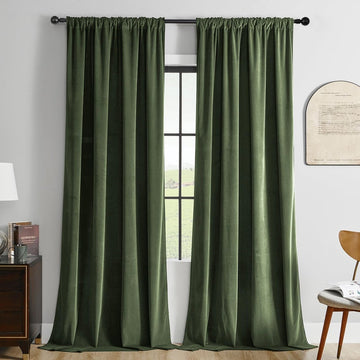 OUOIO Velvet Soft Olive Green Blackout Luxury Thermal Insulated Curtains - 2 Panels