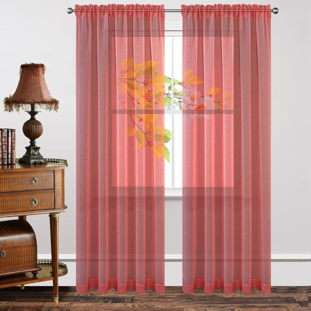 Ouoio Red Sheer Curtains Rod Pocket Handing - 2 Panels