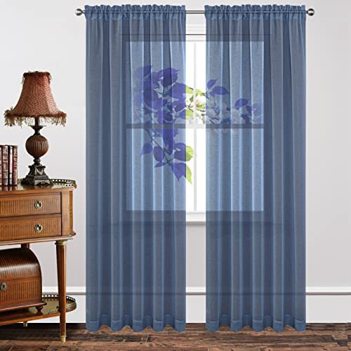 OUOIO Navy Blue Sheer Curtains Long Lightweight Semi Drape Panels Rod Pocket Handing - 2 Panels