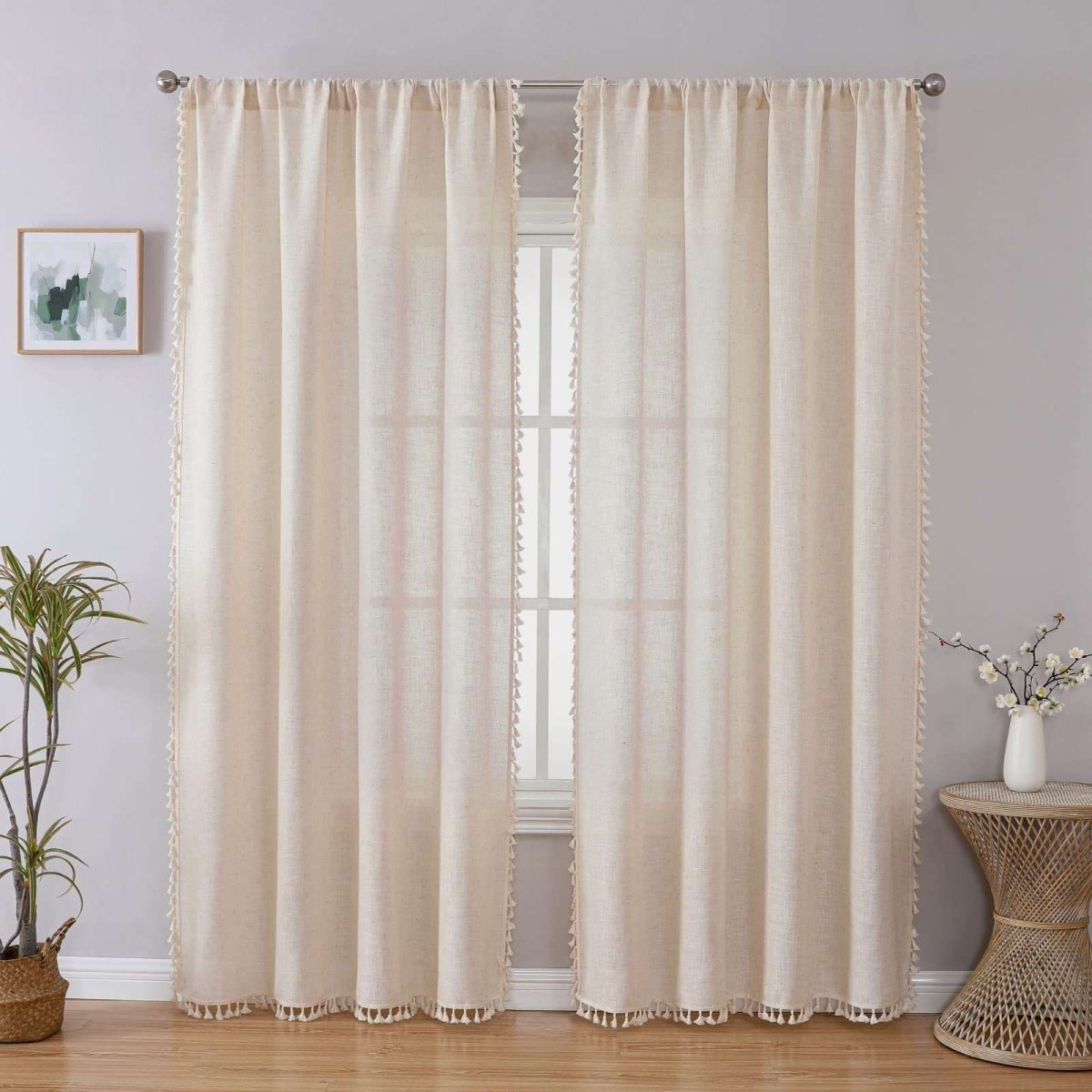 Ouoio Solid Beige Boho Curtains with Tassel Trim and Embroidery - 2 Drapes