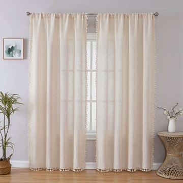 Ouoio Solid Beige Boho Curtains with Tassel Trim and Embroidery - 2 Drapes